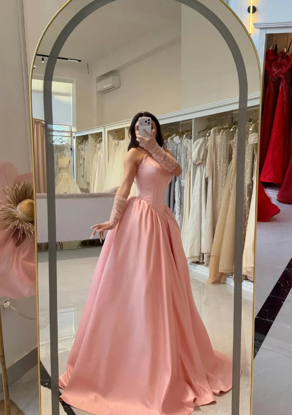 Sweety Pink A Line Strapless Corset Beaded Satin Long Prom Dress Evening Dress DP6944