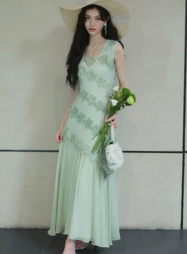 Summer Green A Line V Neck Lace Chiffon Prom Dress Evening Dress DP5429