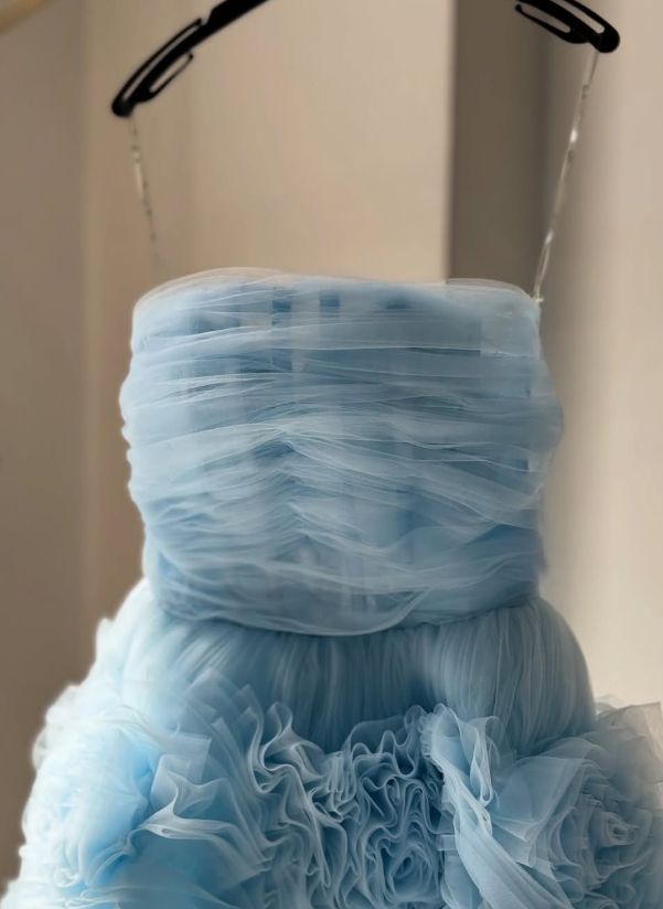 Dreamy Blue Floral A Line Strapless Tulle Homecoming Dress Cocktail Dress DP3495