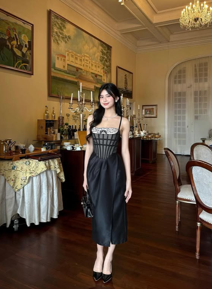 Cute A Line Spaghetti Strap Corset Black Satin Prom Dress 16th Birthday Dress DP3971