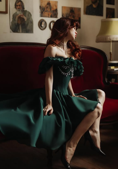 Emerald A Line Off the Shoulder Exquisite Pearl Chiffon Long Prom Dress Evening Dress DP6341