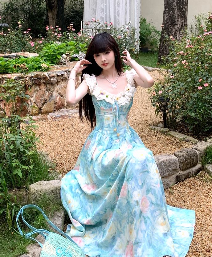 Blue Print Floral A Line Straps Satin Long Evening Dress Party Dress Outfits DP3424