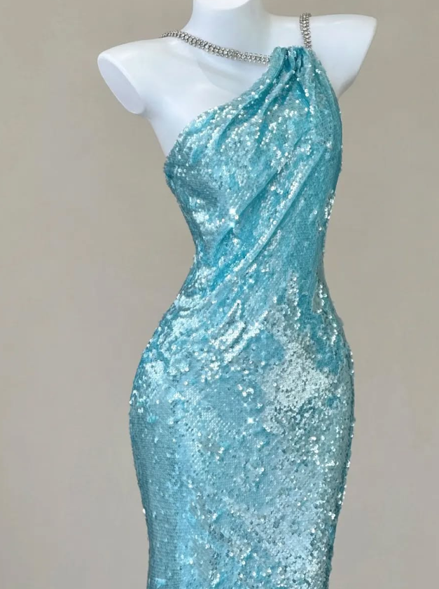 Shiny Blue Mermaid Halter Beaded Sequin Open Back Prom Dress Evening Dress DP4682