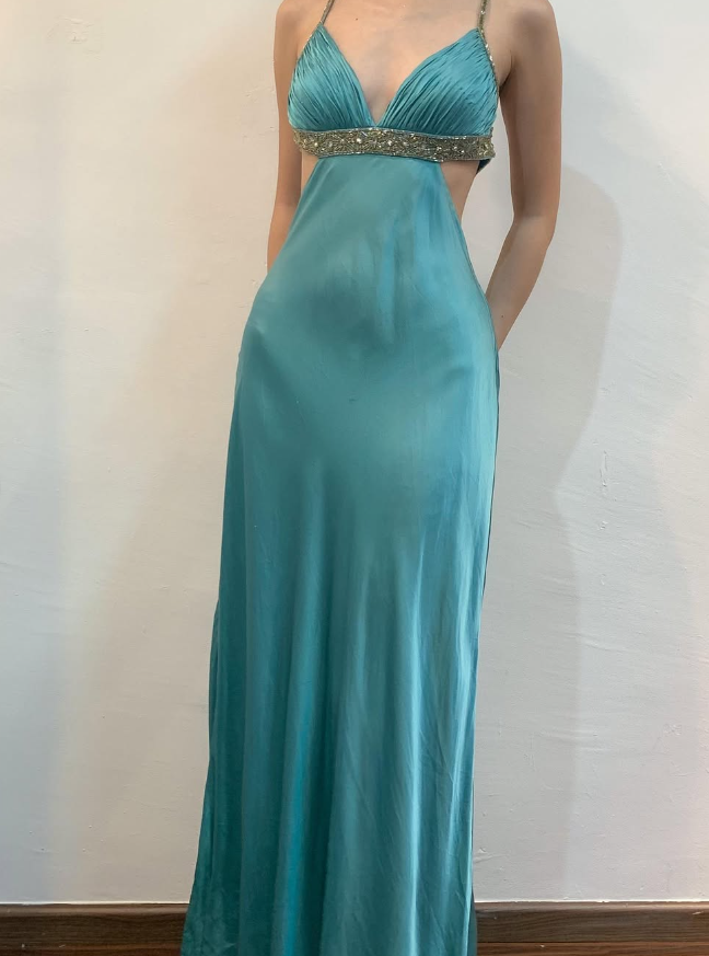 Vintage Sheath Spaghetti Strap Beaded Blue Satin Open Back Prom Dress Evening Dress DP1680