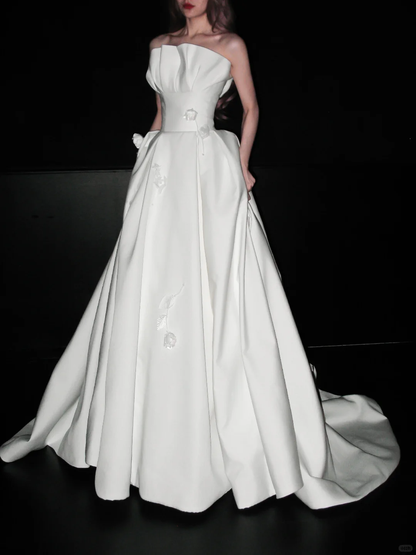 Gentle 3D Floral A Line Strapless White Lace Satin Long Wedding Dress DP8122