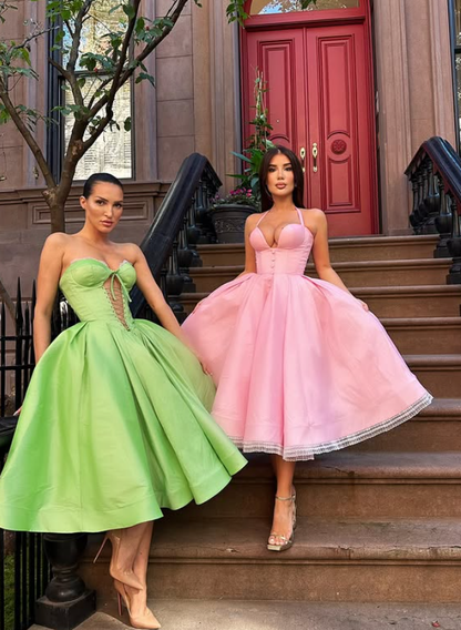 Bright Green A Line Sweetheart Neck Satin Tea Length Prom Dress Evening Dress DP5396