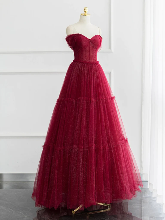 Sweet Tulle Burgundy Long Prom Dress Off Shoulder  Evening Dress DP021