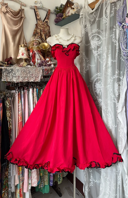 Vintage A Line Strapless Red Satin Prom Dress Evening Dress DP4867