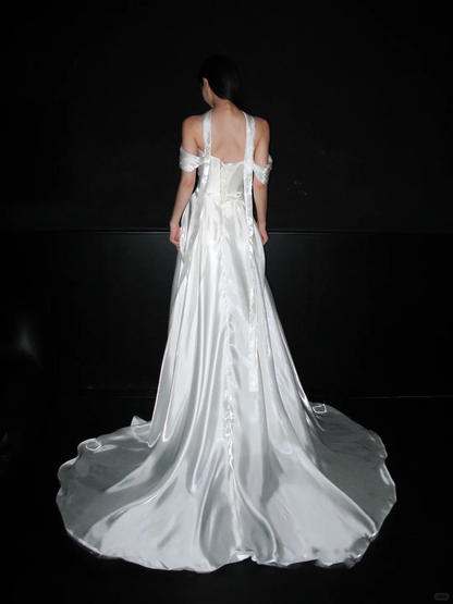 Elegant A Line Off the Shoulder White Pleated Satin Long Wedding Dress DP8105