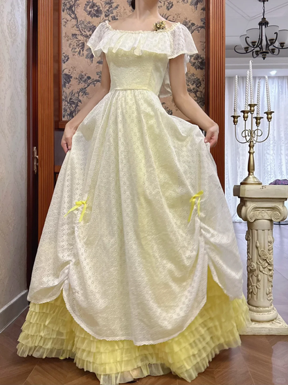 Vintage A Line Off the Shoulder White Lace Yellow Tulle Prom Dress DP4826
