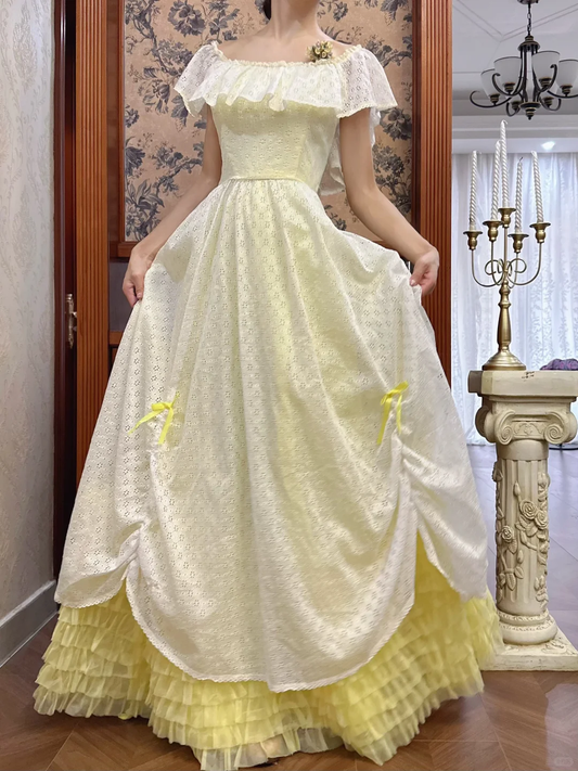 Vintage A Line Off the Shoulder White Lace Yellow Tulle Prom Dress DP4826