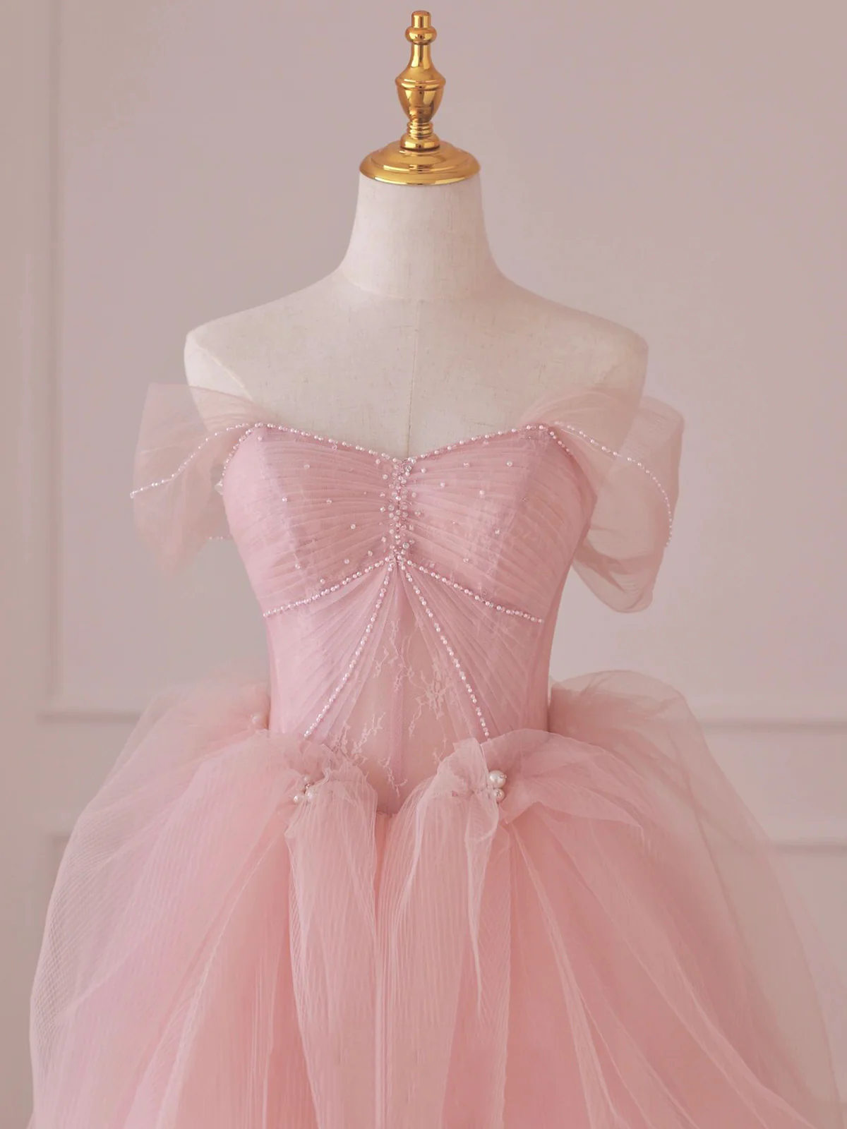 Fairy Pink Tulle Lace Long Prom Dress Off the Shoulder Evening Dress DP309