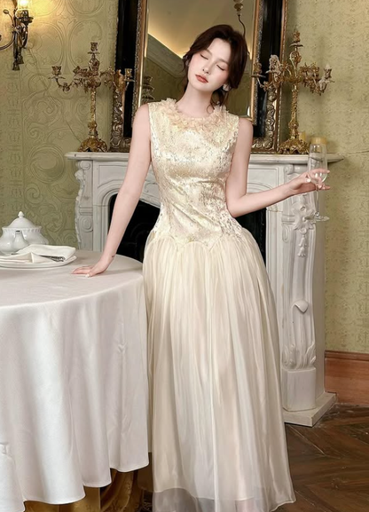 Gold A Line Round Neck Satin Chiffon Prom Dress Evening Dress DP5427