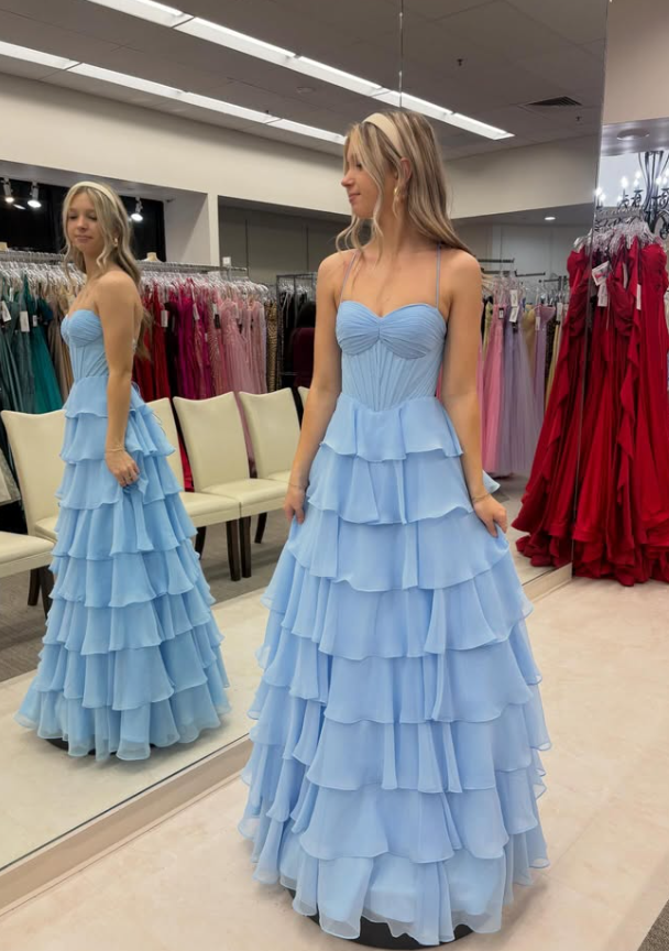 Sky Blue A Line Spaghetti Strap Layered Chiffon Long Prom Dress Evening Dress DP5942