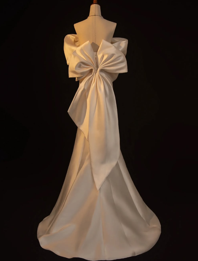 Elegant Mermaid Off the Shoulder Bow White Satin Party Dress Wedding Guest Dresses DP2356