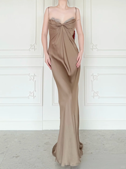 Simple Sheath Spaghetti Strap Brown Satin Long Prom Dress Evening Dress DP6447