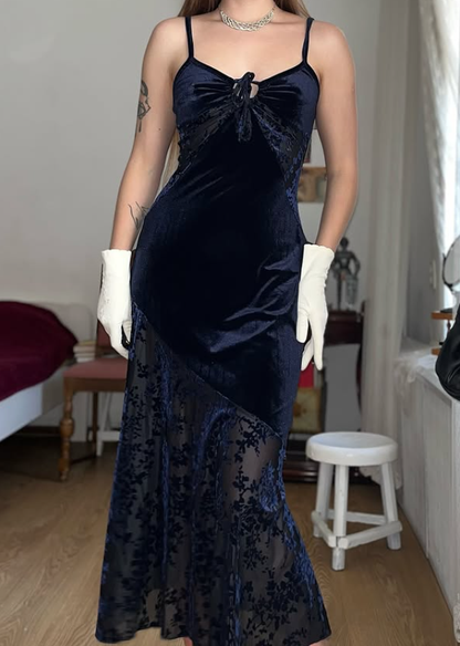 Vintage Sheath Spaghetti Strap Dark Blue Lace Velvet Prom Dress Evening Dress DP5726