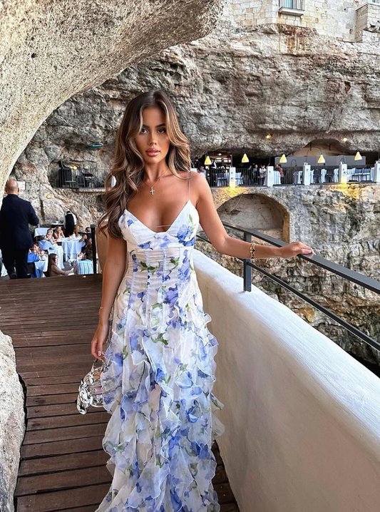 Inspiration Mermaid Spaghetti Strap Print Floral Ruffle Tulle Prom Dress Evening Dress DP1763