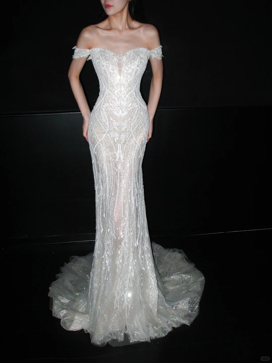 Luxurious Mermaid Off the Shoulder White Beaded Sequin Tulle Long Wedding Dress DP8118