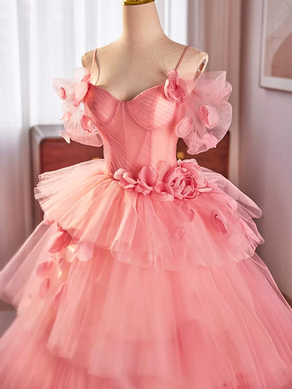 Beautiful Pink Spaghetti Strap Tulle Appliques Long Prom Dress Sweet 16 Dress DP394