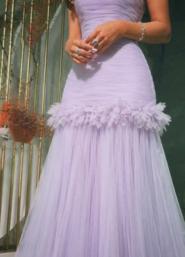 Romantic Lilac A Line Strapless Tulle Long Prom Dress Evening Dress DP6921