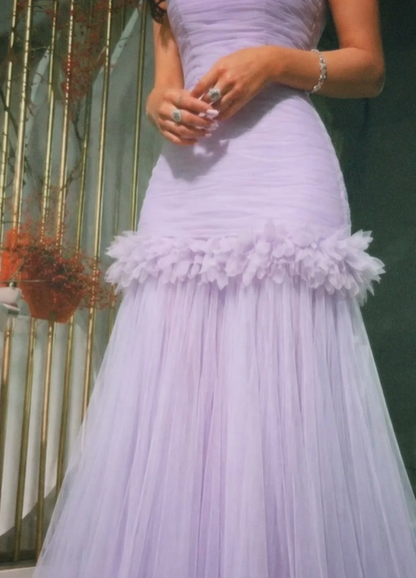 Romantic Lilac A Line Strapless Tulle Long Prom Dress Evening Dress DP6921