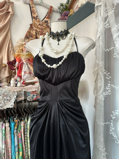 Black Vintage Mermaid Halter Satin Open Back Prom Dress DP4850