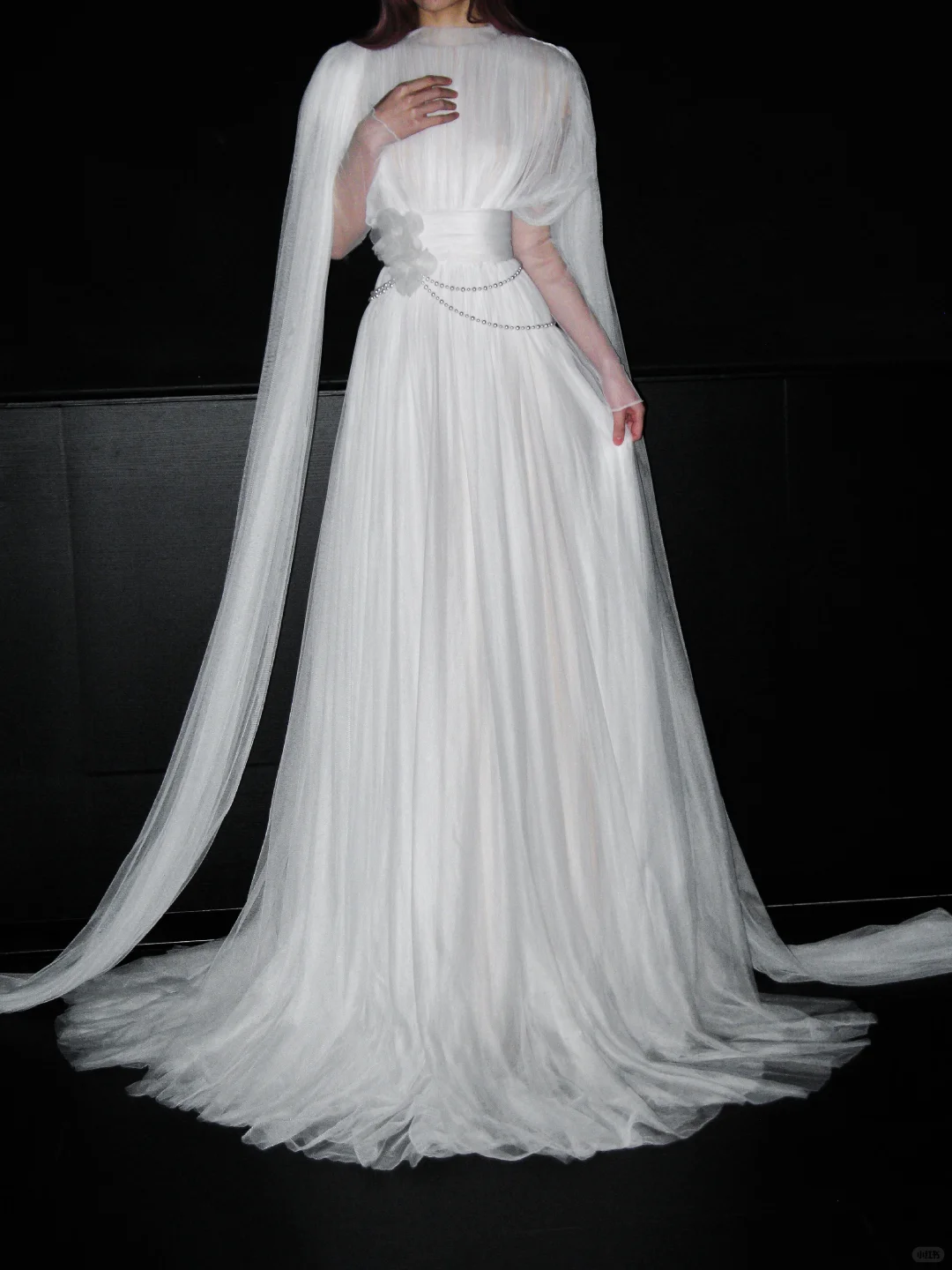 Flowy White Tulle A Line Long Sleeve High Neck Wedding Dress DP5788