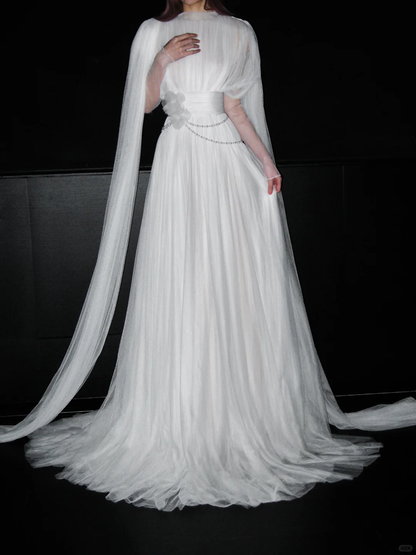 Flowy White Tulle A Line Long Sleeve High Neck Wedding Dress DP5788