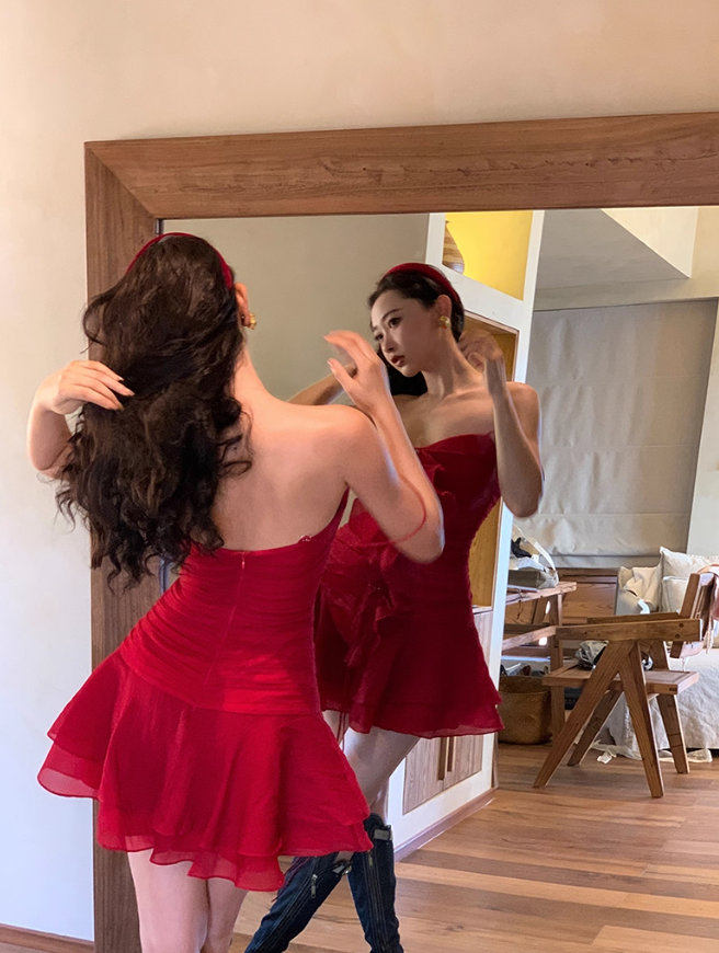Bright Red A Line Spaghetti Strap Ruffle Chiffon Short Homecoming Dress Vacation Dress DP3642