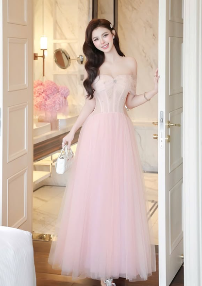 Pink A Line Off the Shoulder Beaded Tulle Prom Dress Evening Dress DP5928