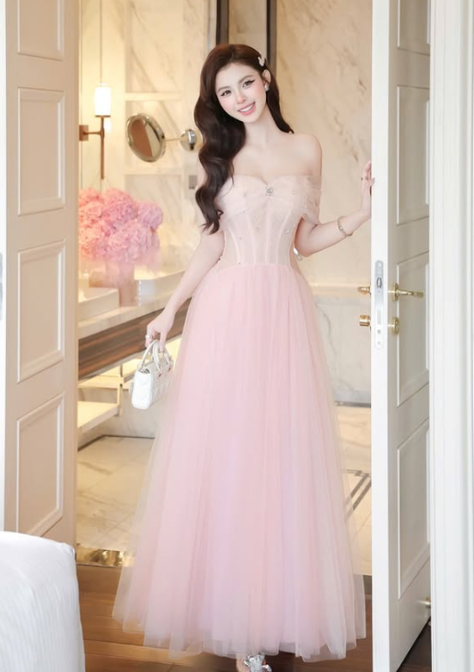 Pink A Line Off the Shoulder Beaded Tulle Prom Dress Evening Dress DP5928