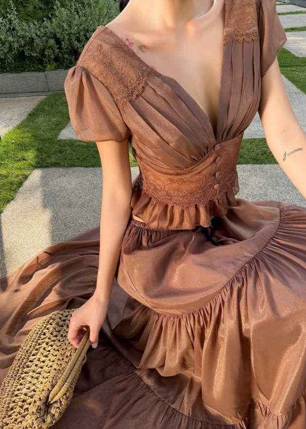 Brown Two Piece A Line V Neck Lace Satin Long Prom Dress Evening Dress DP7978