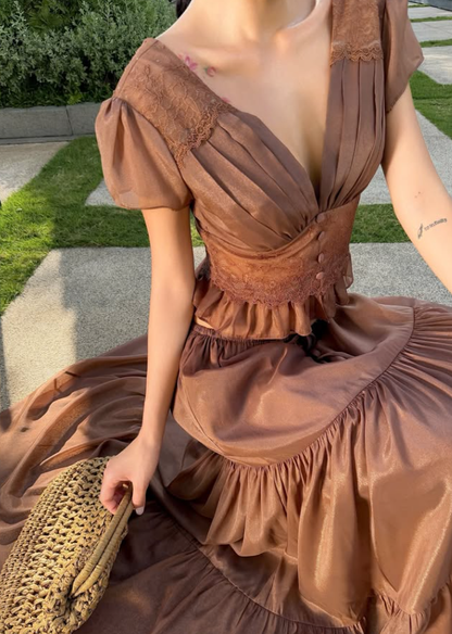 Brown Two Piece A Line V Neck Lace Satin Long Prom Dress Evening Dress DP7978