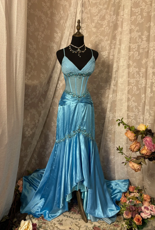 Azure Crystal Vintage Mermaid Sweetheart Neck Appliques Tulle Satin Backless Prom Dress Party Dress DP3174