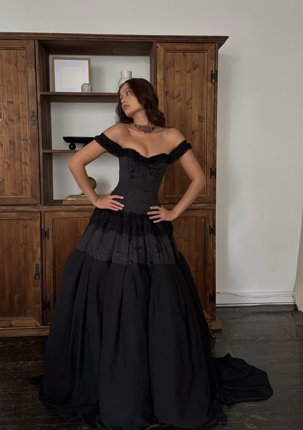 Black Ball Gown Off the Shoulder Satin Lace Prom Dress 16th Birthday Dress DP4281