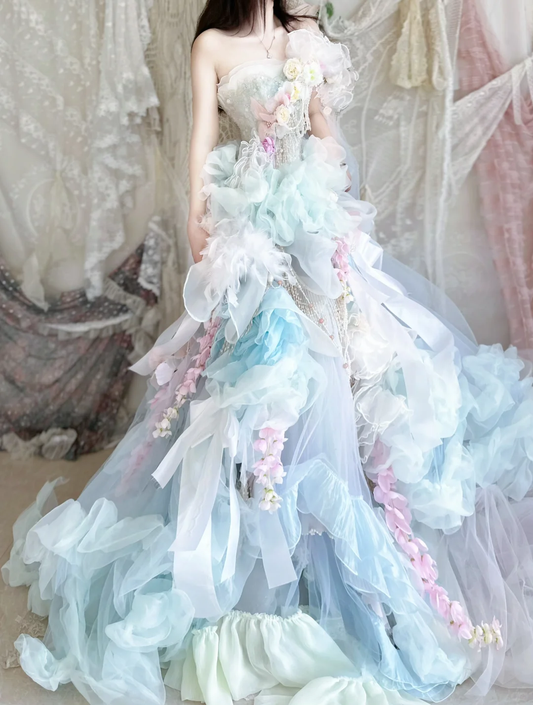 Blue Ball Gown Strapless Floral Beaded Organza Prom Dress 16th Birthday Dress DP3798