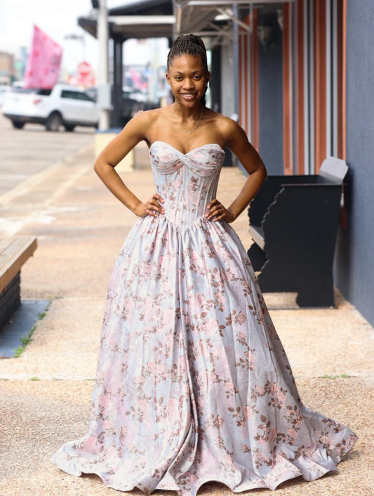 Vintage Print Floral A Line Sweetheart Neck Corset Satin Prom Dress Party Evening Dress DP6315