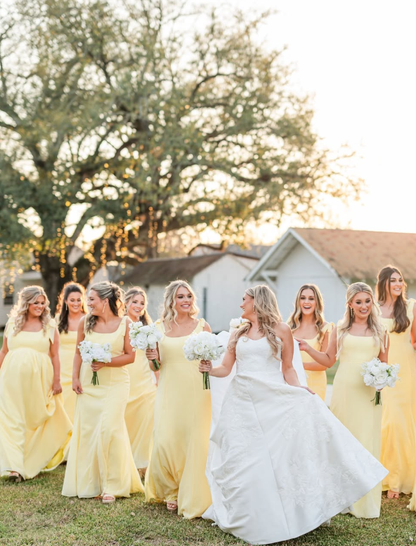 Stunning Yellow Bow A Line Straps Chiffon Long Bridesmaid Dress DP4977