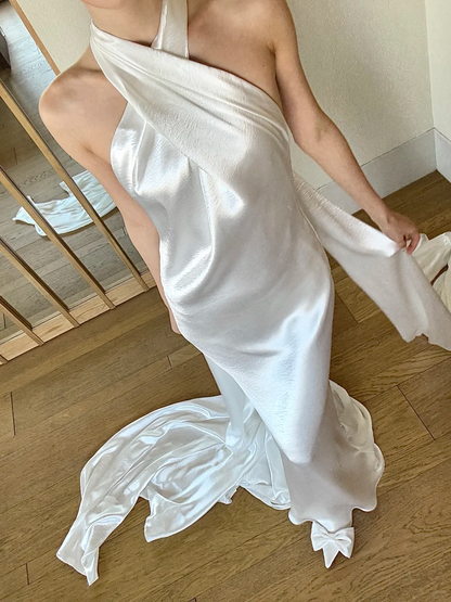 Charming Mermaid Halter White Satin Open Back Long Wedding Dress DP4374