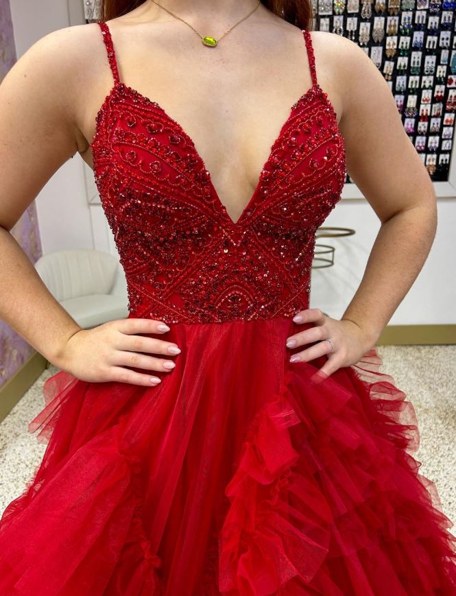 Charming Red A Line Spaghetti Strap Beaded Tulle Long Prom Dress Evening Dress DP6572