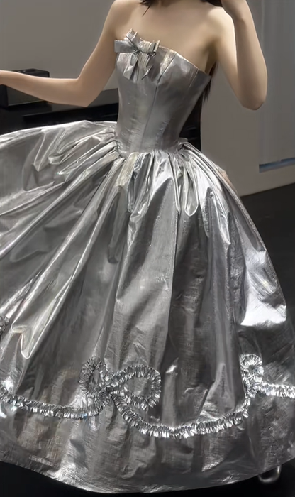 Unique A Line Strapless Bow Silver Satin Long Prom Dress Evening Dress DP4806