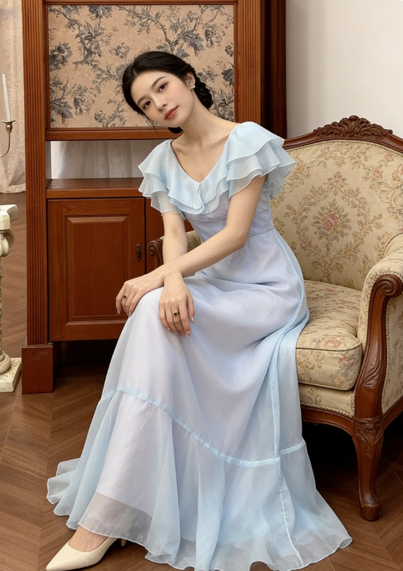 Vintage Simple A Line Off the Shoulder Layered Blue Chiffon Prom Dress DP4825