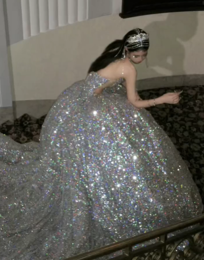 Shiny A Line Strapless Silver Sequin Long Prom Dress Graduation Prom Dress DP1971