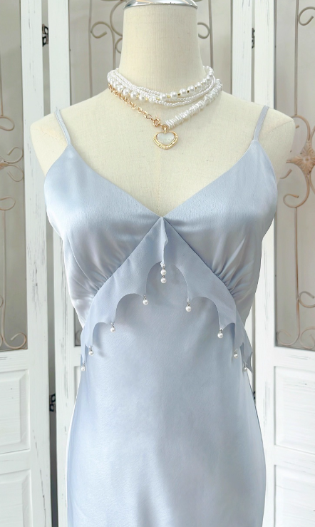 White Mermaid Spaghetti Strap Pearl Chiffon Satin Prom Dress Evening Dress Party Dress DP3584