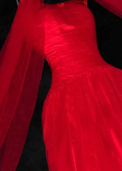 Charming A Line Strapless Simple Red Tulle Prom Dress DP4641