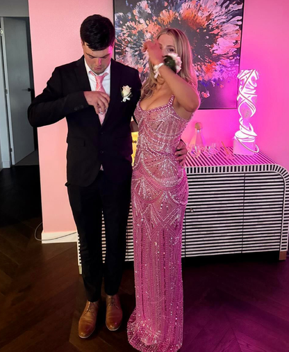 Glamorous Sheath Straps Shiny Beaded Pink Tulle Long Prom Dress Evening Dress DP6021