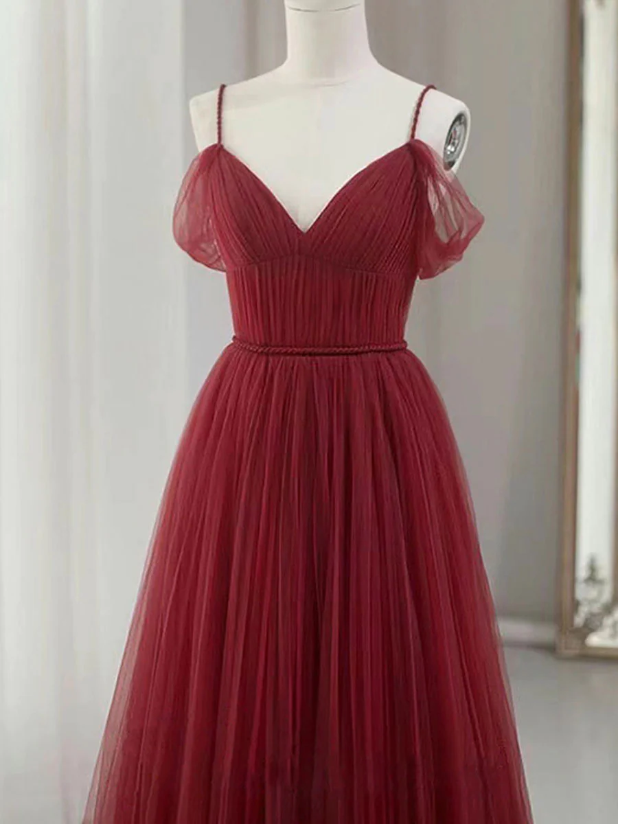 Simple Burgundy V Neck Tulle Long Prom Dress Bridesmaid Dress DP084