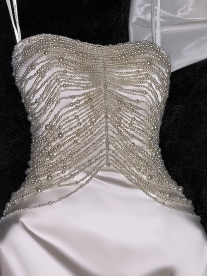 Elegant Mermaid Strapless Pearl White Satin Long Sweep Wedding Dress Prom Dress DP2562