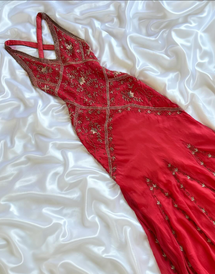 Vintage Red Mermaid V Neck Beaded Chiffon Prom Dress DP5072